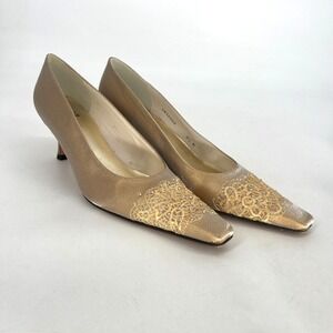 Stuart Weitzman Heels Womens 8.5N Lace Detail Wedding Formal Gold‎ Black Tie